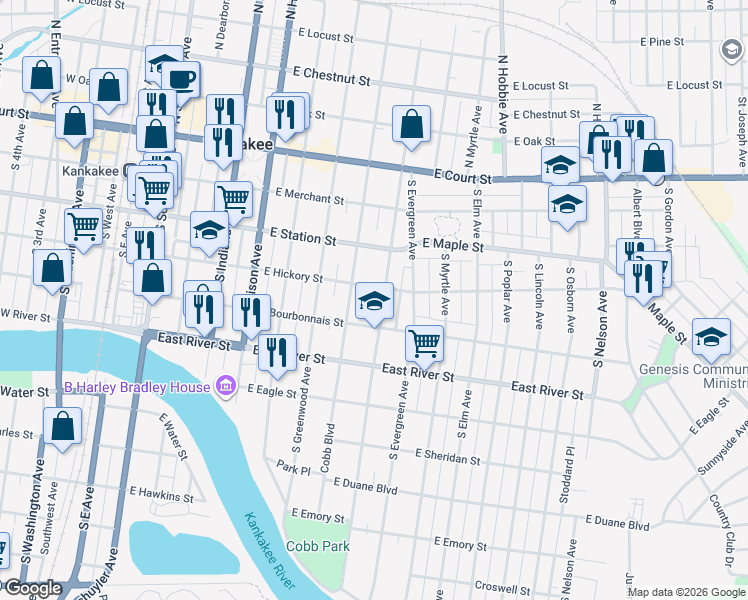 map of restaurants, bars, coffee shops, grocery stores, and more near 429 S Wildwood Ave in Kankakee