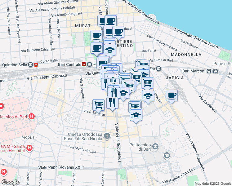 map of restaurants, bars, coffee shops, grocery stores, and more near 42/44/46 Viale Unità d'Italia in Bari