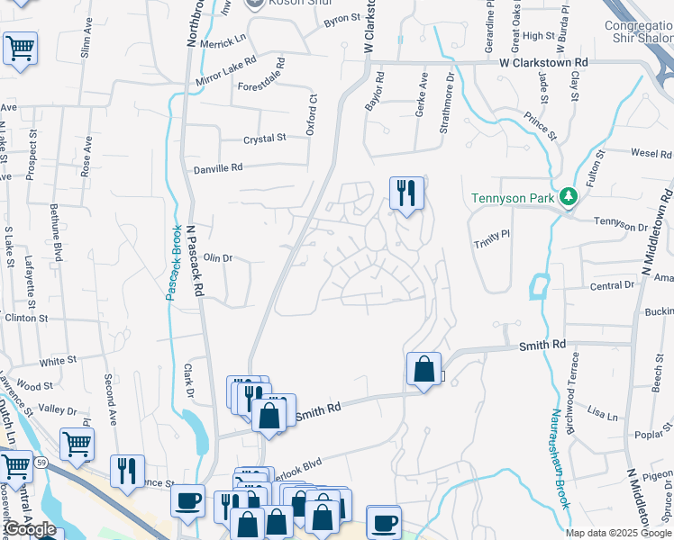 map of restaurants, bars, coffee shops, grocery stores, and more near 21 Kings Court in Nanuet