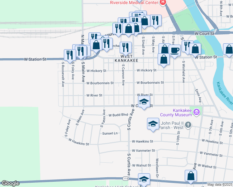 map of restaurants, bars, coffee shops, grocery stores, and more near 580 South Tanner Avenue in Kankakee
