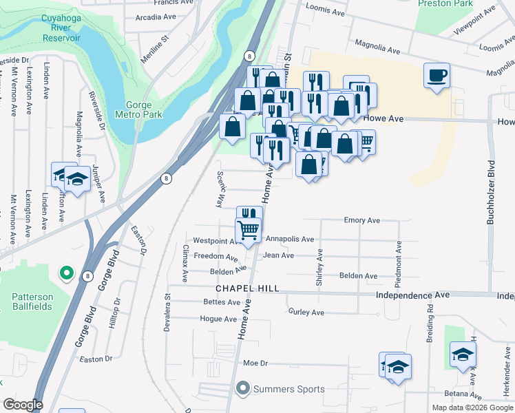 map of restaurants, bars, coffee shops, grocery stores, and more near 1616 Home Avenue in Akron