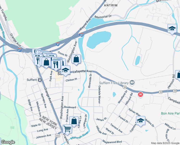 map of restaurants, bars, coffee shops, grocery stores, and more near 155 Lafayette Avenue in Suffern