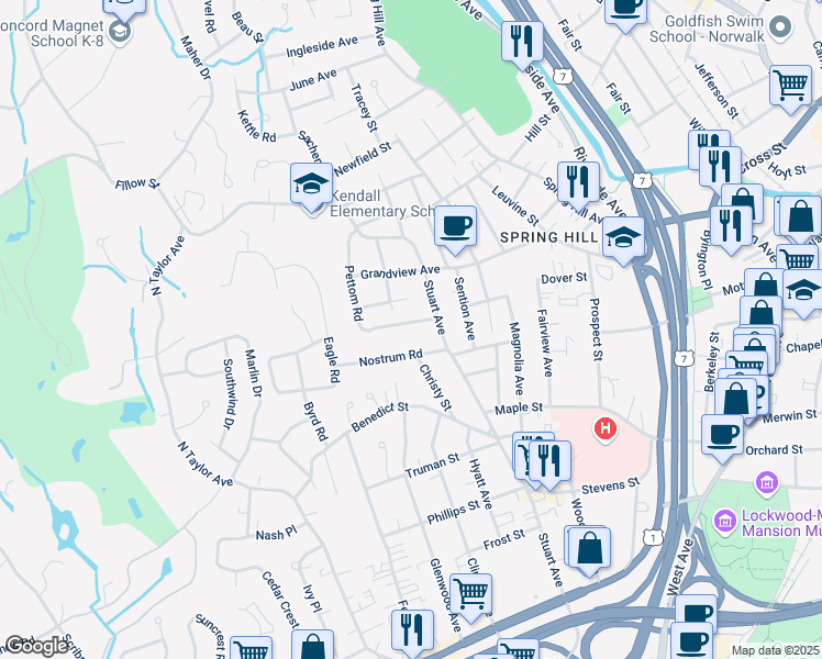 map of restaurants, bars, coffee shops, grocery stores, and more near 9 Pettom Road in Norwalk