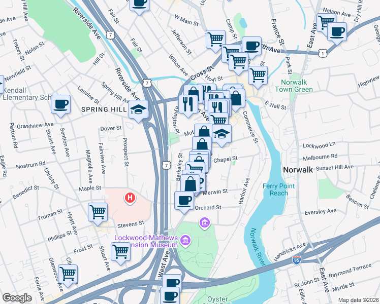 map of restaurants, bars, coffee shops, grocery stores, and more near 15 Berkeley Street in Norwalk