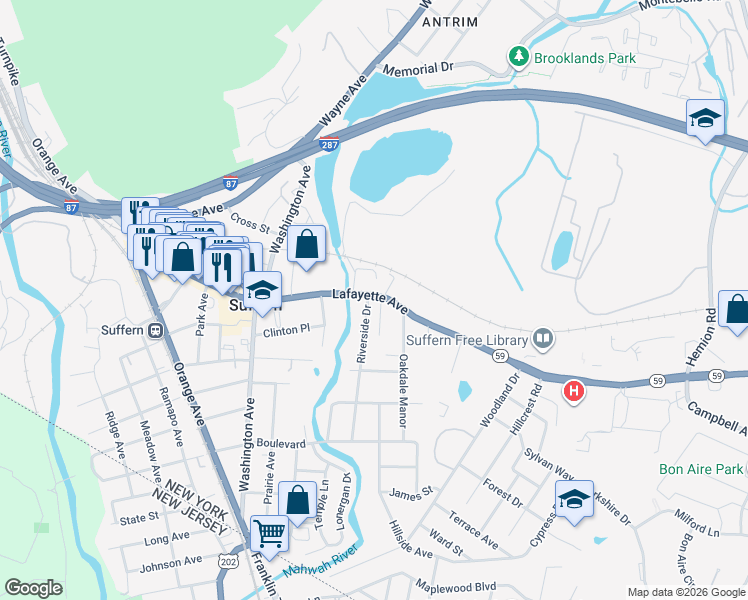 map of restaurants, bars, coffee shops, grocery stores, and more near 153 Lafayette Avenue in Suffern