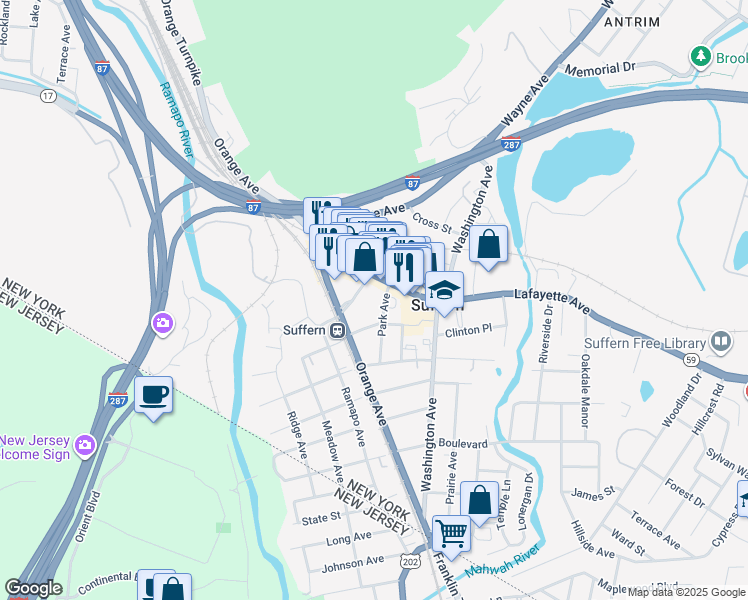 map of restaurants, bars, coffee shops, grocery stores, and more near 35 Park Avenue in Suffern