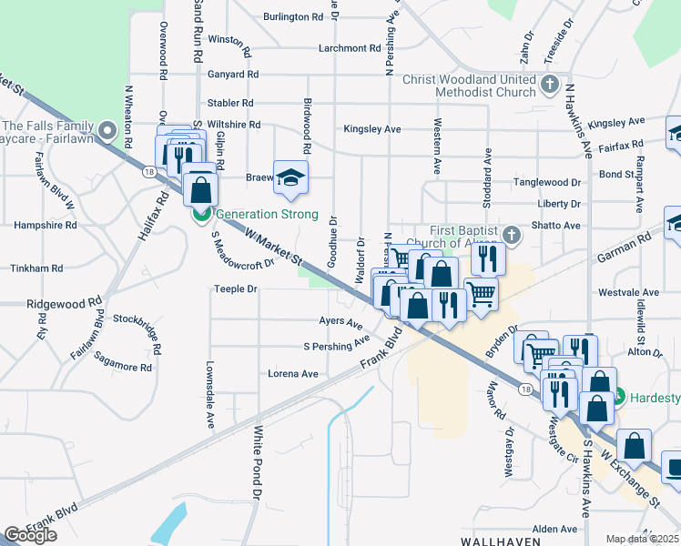 map of restaurants, bars, coffee shops, grocery stores, and more near 32 Waldorf Drive in Akron