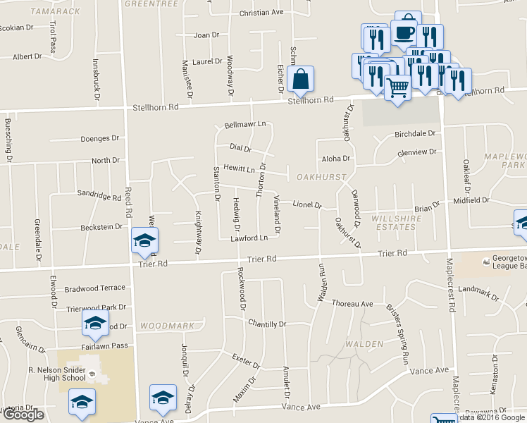 map of restaurants, bars, coffee shops, grocery stores, and more near 4010 Thorton Drive in Fort Wayne