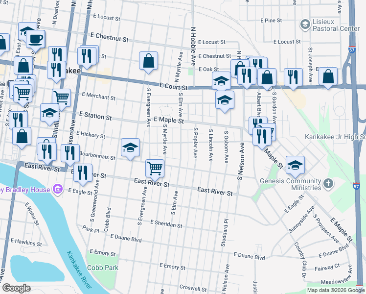 map of restaurants, bars, coffee shops, grocery stores, and more near 404 South Elm Avenue in Kankakee
