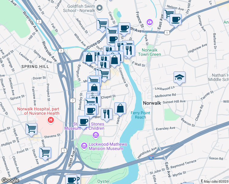 map of restaurants, bars, coffee shops, grocery stores, and more near 15 Chapel Street in Norwalk