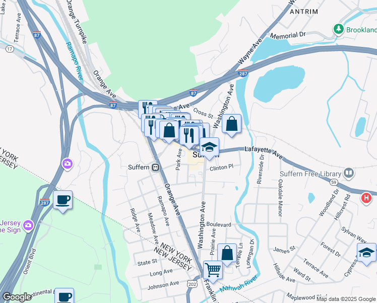 map of restaurants, bars, coffee shops, grocery stores, and more near 71-73 Lafayette Avenue in Suffern