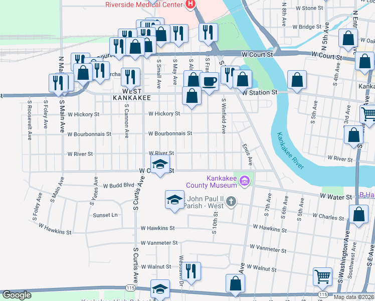 map of restaurants, bars, coffee shops, grocery stores, and more near 595 South Alma Avenue in Kankakee