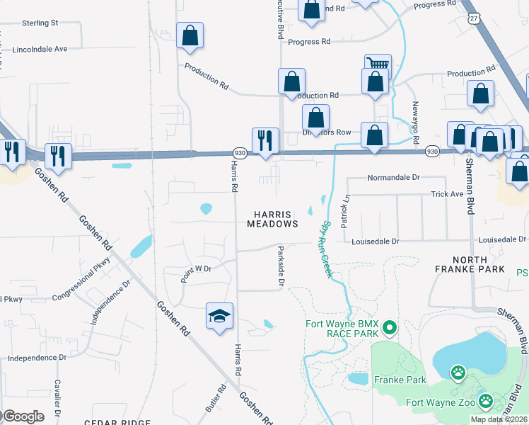 map of restaurants, bars, coffee shops, grocery stores, and more near 4107 Harris Meadow Place in Fort Wayne