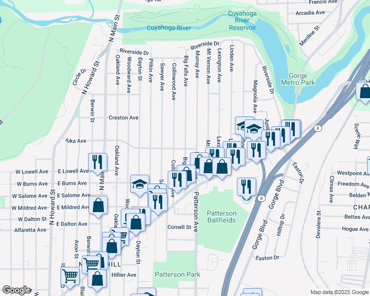 map of restaurants, bars, coffee shops, grocery stores, and more near 1080 Big Falls Avenue in Akron