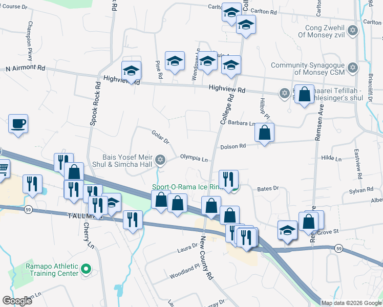 map of restaurants, bars, coffee shops, grocery stores, and more near 6 Olympia Lane in Monsey