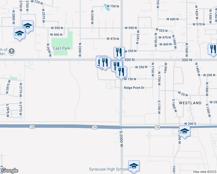 map of restaurants, bars, coffee shops, grocery stores, and more near 101 North 2000 West in West Point