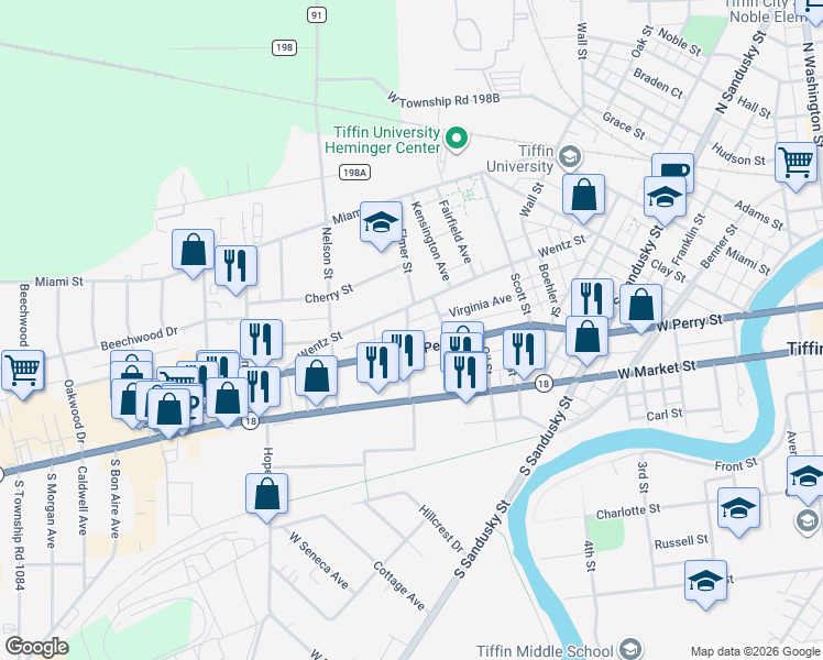 map of restaurants, bars, coffee shops, grocery stores, and more near 74 Elmer Street in Tiffin