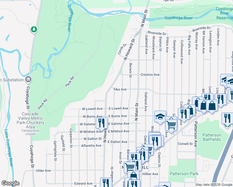 map of restaurants, bars, coffee shops, grocery stores, and more near 1079 Chalker Street in Akron