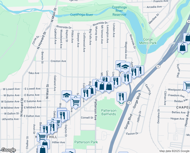 map of restaurants, bars, coffee shops, grocery stores, and more near 1088 Murray Avenue in Akron