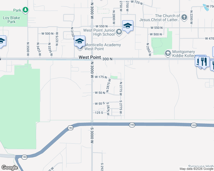 map of restaurants, bars, coffee shops, grocery stores, and more near 121 North 2875 West in West Point