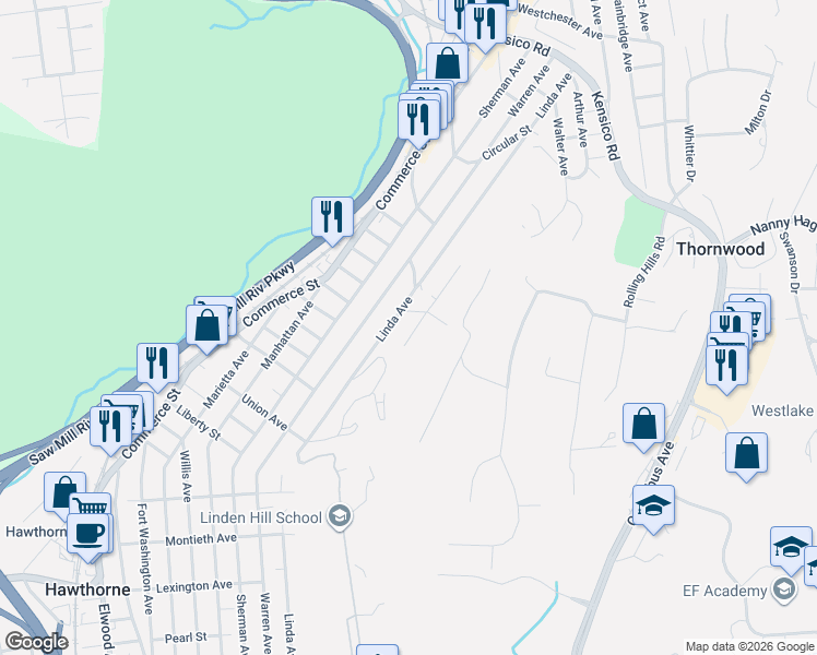 map of restaurants, bars, coffee shops, grocery stores, and more near 657 Belleview Avenue in Thornwood