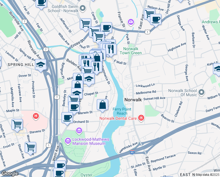 map of restaurants, bars, coffee shops, grocery stores, and more near 35 Chapel Street in Norwalk