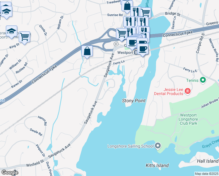 map of restaurants, bars, coffee shops, grocery stores, and more near 25 Burritts Landing North in Westport