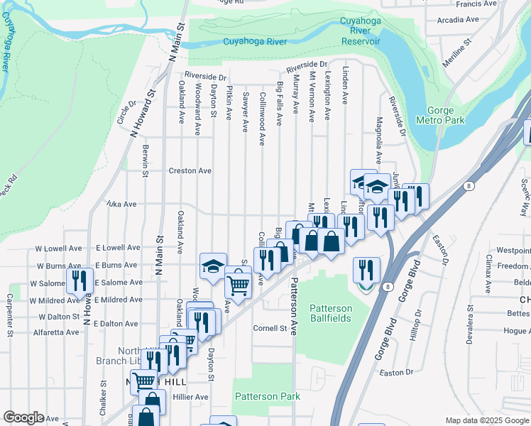 map of restaurants, bars, coffee shops, grocery stores, and more near 1087 Collinwood Avenue in Akron