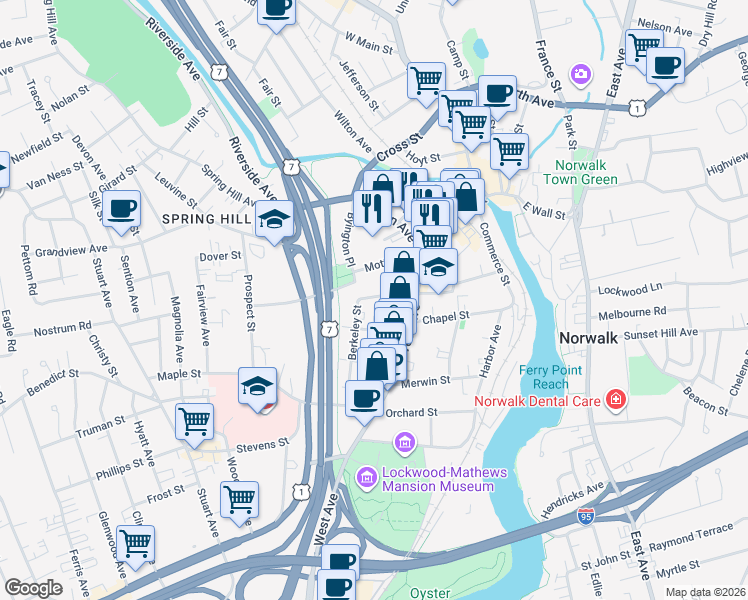 map of restaurants, bars, coffee shops, grocery stores, and more near 15 Berkeley Street in Norwalk
