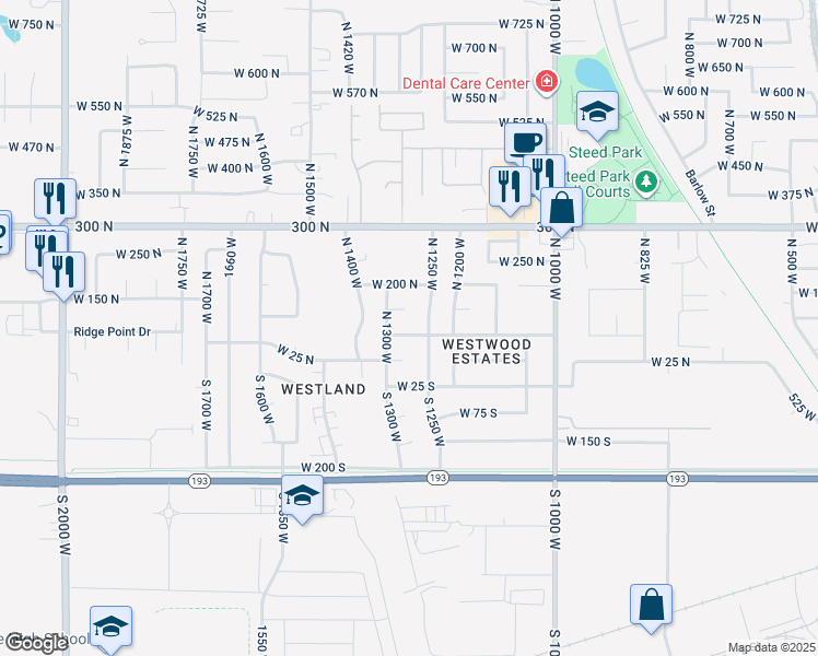 map of restaurants, bars, coffee shops, grocery stores, and more near 1280 West 75 North in Clearfield