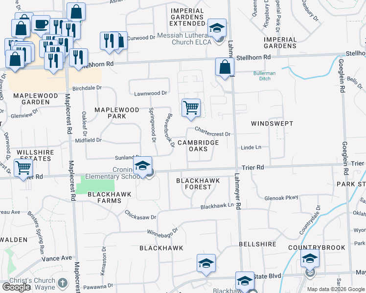 map of restaurants, bars, coffee shops, grocery stores, and more near 3915 Nottingham Drive in Fort Wayne