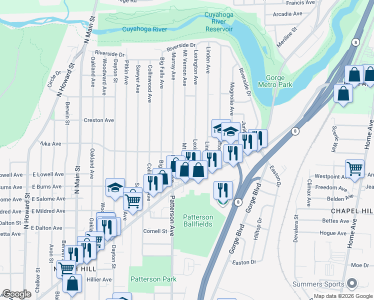 map of restaurants, bars, coffee shops, grocery stores, and more near 1085 Mount Vernon Avenue in Akron