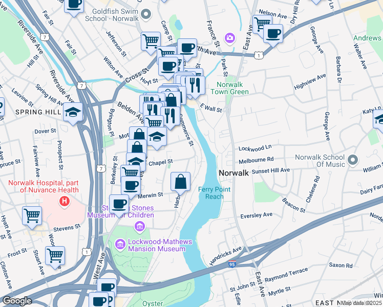 map of restaurants, bars, coffee shops, grocery stores, and more near 35 Chapel Street in Norwalk