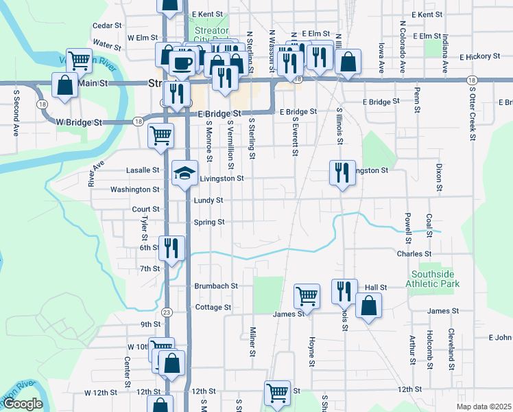 map of restaurants, bars, coffee shops, grocery stores, and more near 503 South Sterling Street in Streator