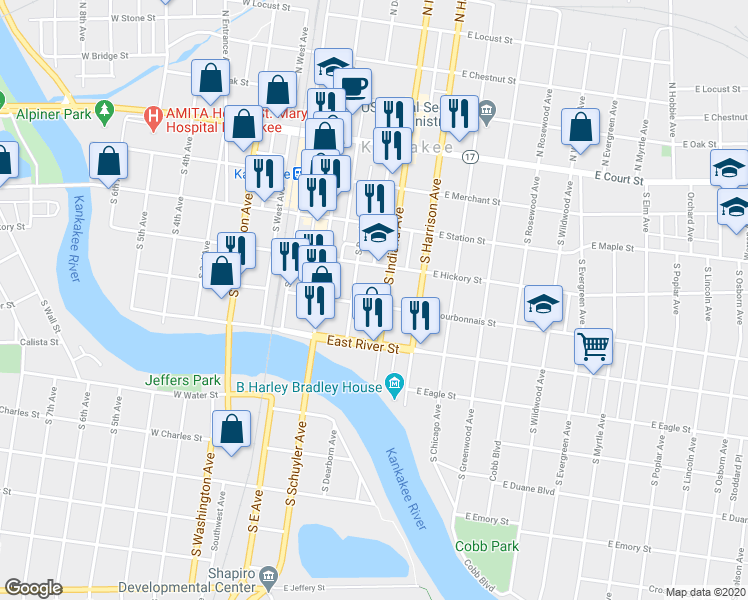 map of restaurants, bars, coffee shops, grocery stores, and more near 381 East Bourbonnais Street in Kankakee