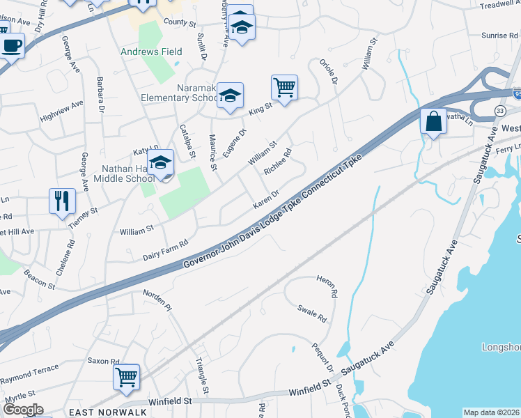map of restaurants, bars, coffee shops, grocery stores, and more near 27 Karen Drive in Norwalk