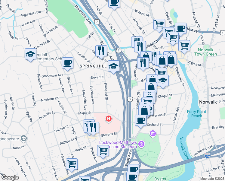 map of restaurants, bars, coffee shops, grocery stores, and more near 21 Prospect Street in Norwalk