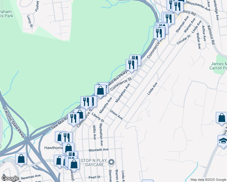 map of restaurants, bars, coffee shops, grocery stores, and more near 575 Marietta Avenue in Thornwood