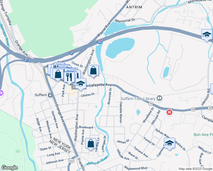 map of restaurants, bars, coffee shops, grocery stores, and more near 153 Lafayette Avenue in Suffern