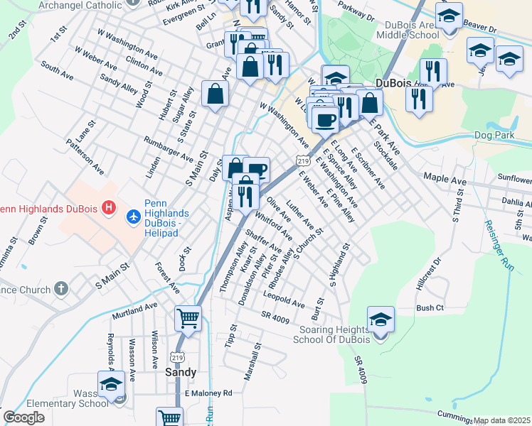 map of restaurants, bars, coffee shops, grocery stores, and more near Thompson Alley in DuBois