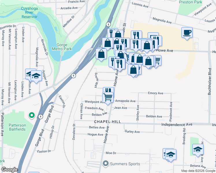 map of restaurants, bars, coffee shops, grocery stores, and more near 1616 Home Avenue in Akron
