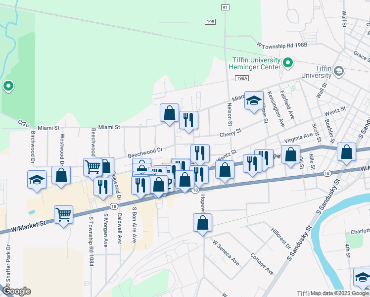 map of restaurants, bars, coffee shops, grocery stores, and more near 7 Beechwood Drive in Tiffin