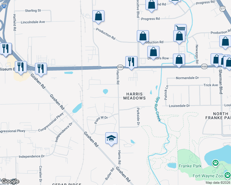 map of restaurants, bars, coffee shops, grocery stores, and more near 4115 Harris Road in Fort Wayne