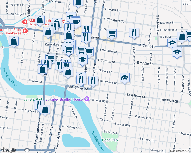 map of restaurants, bars, coffee shops, grocery stores, and more near 414 South Chicago Avenue in Kankakee