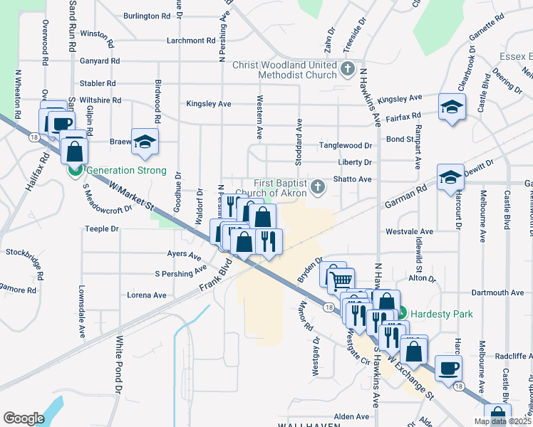 map of restaurants, bars, coffee shops, grocery stores, and more near 103 Western Avenue in Akron