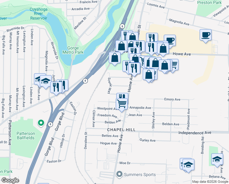 map of restaurants, bars, coffee shops, grocery stores, and more near 669 Ocean Avenue in Akron