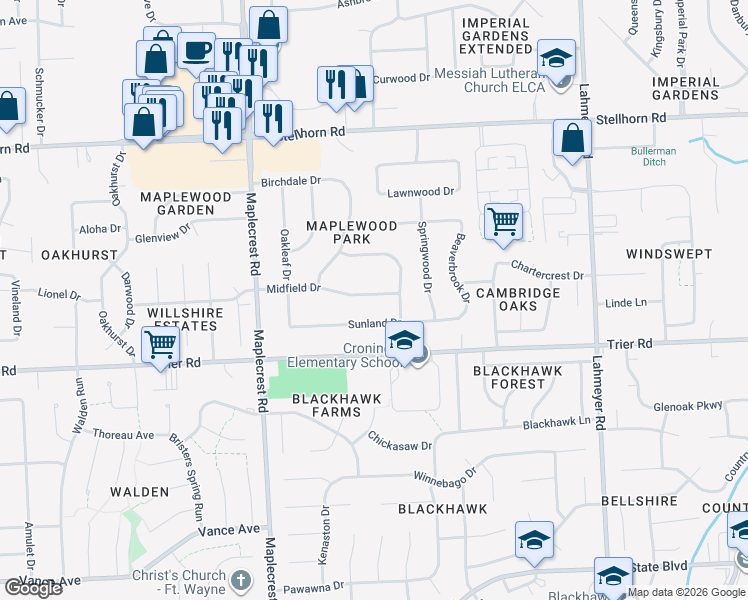 map of restaurants, bars, coffee shops, grocery stores, and more near 6638 Midfield Drive in Fort Wayne