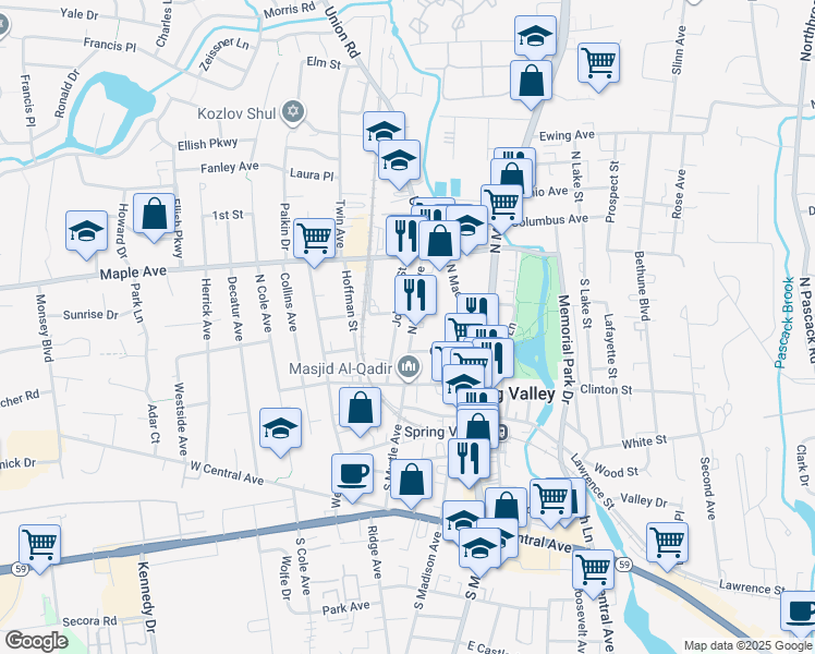 map of restaurants, bars, coffee shops, grocery stores, and more near 25 North Myrtle Avenue in Spring Valley