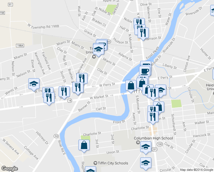 map of restaurants, bars, coffee shops, grocery stores, and more near 61 West Perry Street in Tiffin