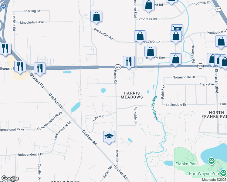 map of restaurants, bars, coffee shops, grocery stores, and more near 4115 Harris Road in Fort Wayne